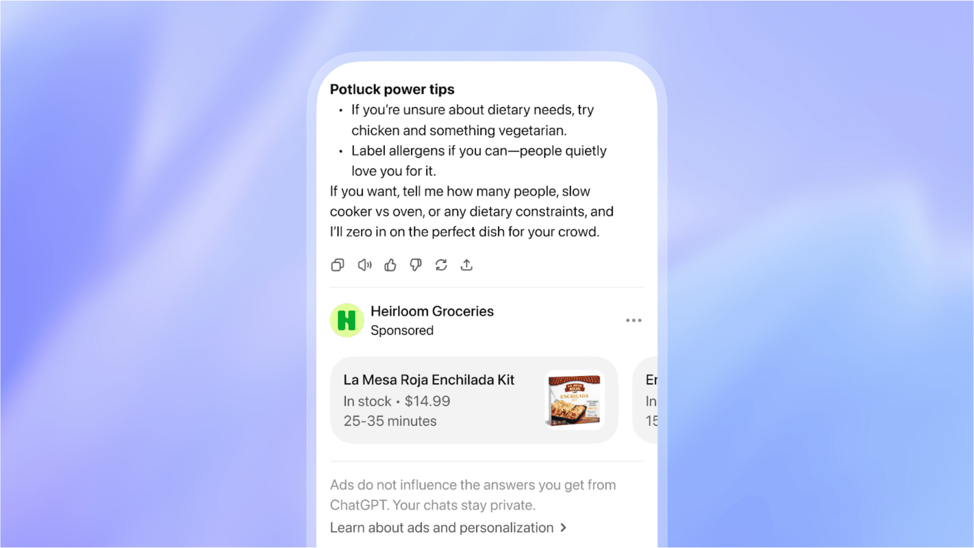 Official example screen showing a sponsored product card below a ChatGPT answer