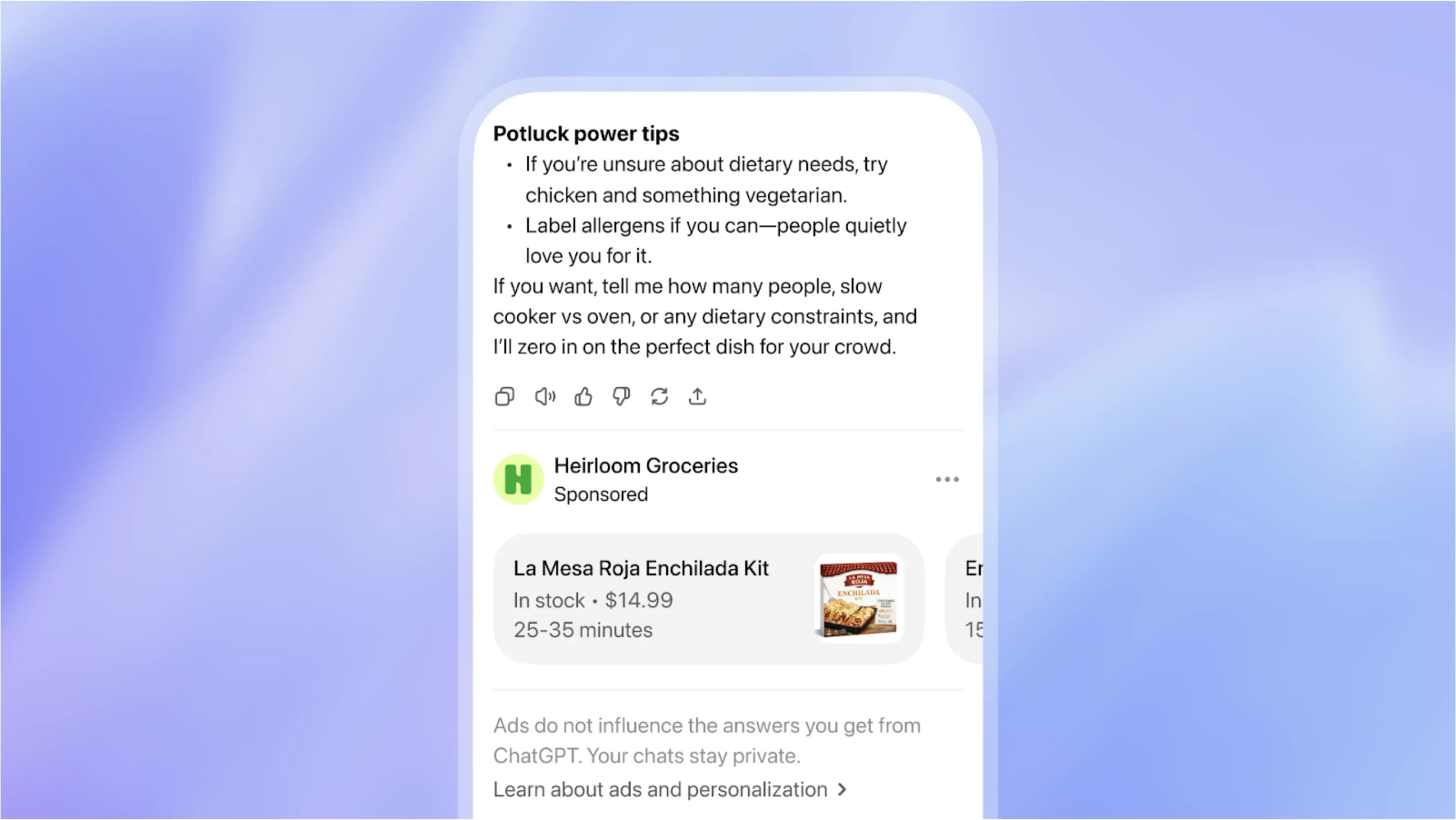 ChatGPTの回答の下にスポンサー商品カードが表示された公式の広告画面の例