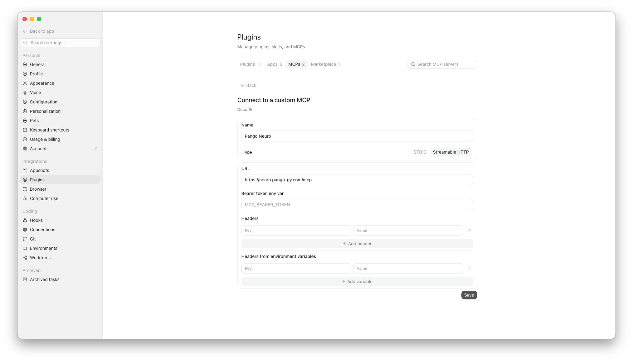 Enter name, type, and server URL, then save